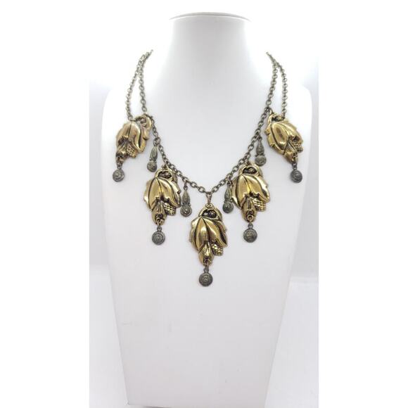 Vintage Art Nouveau Brass Etruscan Revival Festoon Necklace Leaves 1920s - Picture 2 of 9